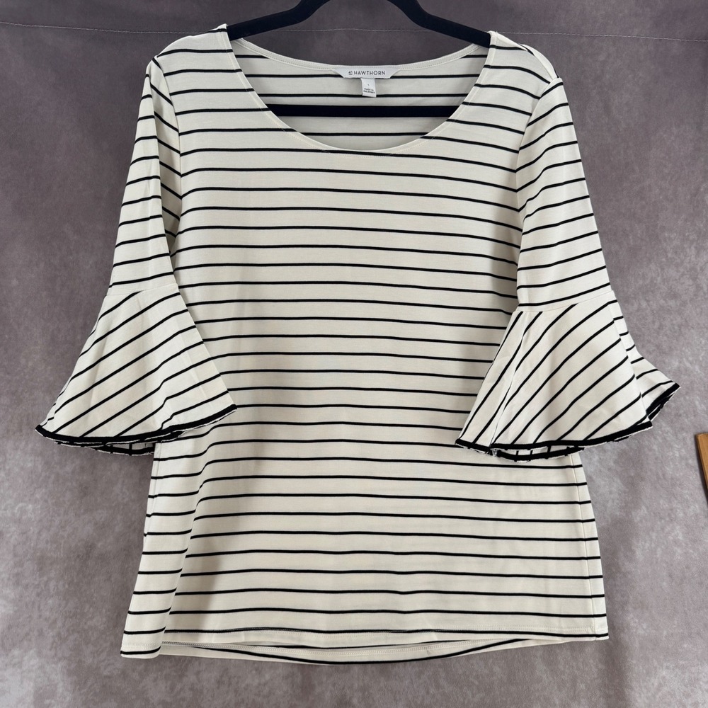 41 Hawthorn Womens Striped Bell Sleeve Boat Neck Knit Top Black White Large Chic